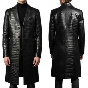 Women's <b>Black</b> Crocodile Embossed Genuine Leather <b>Long</b> <b>Coat</b> Winter Turn-down Collar - Product Image 6