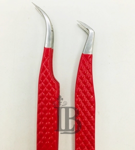 Pince à cils courbée en J pour isolation à 65 degrés, couleur rouge, manche à motif diamant, en acier inoxydable, faite à la main, offre exceptionnelle - Product Image 5