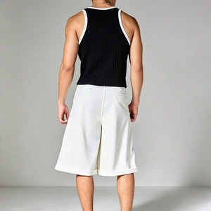 2026 New Arrival <b>Men's</b> Black Ribbed Knit Tank Top With <b>White</b> Trim Casual Sleeveless <b>Vest</b> O-Neck Solid Color Breathable Fit <b>Vest</b> - Product Image 2