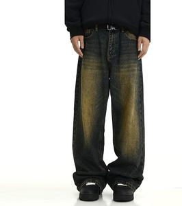 Jean en denim ciré pour homme, coupe large, taille mi-haute, couleur unie, en coton, décontracté, avec braguette boutonnée, en tissu tissé, grandes tailles - Product Image 2