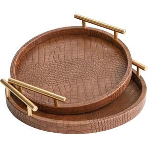 Modernos Bandejas Decorativas Redondas de Madera con Asas Marrones, Juego de 2 Piezas, Textura de Cocodrilo - Product Image 6