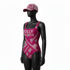 Maillot de bain femme premium en poly-spandex, tissu extensible doux, panneaux géométriques, logo thermocollé en strass. - Product Image 4