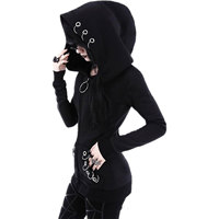 Sweat-shirt à capuche surdimensionné pour femme, style gothique, avec boutons recouverts, manches longues, veste punk avec poches et chaînes en dentelle