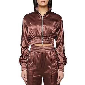 Women Solid Color Satin Tracksuit Set Full Sleeve <b>Crop</b> <b>Top</b> With Zipper And Drawstring Pants Casual Autumn Wear - Product Image 1