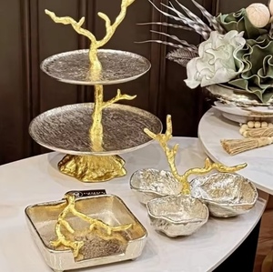 Premium Aluminum Tiered Metal <b>Tree</b> Stand Napkin Holder & Nut Bowl Set Textured Gold Branch Serving Set Home Hotel <b>Tabletop</b> Decor - Product Image 1