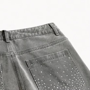 <b>Mens</b> Washed Charcoal Denim Jorts Shimmering Rhinestone Embellishments Loose Baggy Fit Retro Y2K Grunge Streetwear Apparel - Product Image 4