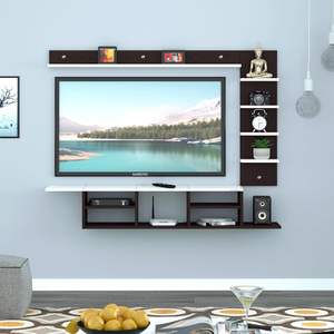 Meuble TV mural en bois composite avec éclairage LED, étagères et unité de rangement pour salon, support pour décodeur - Product Image 3