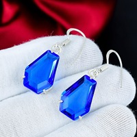 Boucles d'oreilles pendantes en argent sterling 925 avec pierre bleue en forme de cercueil, bijoux fantaisie faits à la main pour femmes