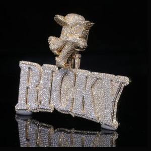 Pendentifs et breloques en argent sterling 925, bijoux fins, style Hip Hop, avec nom personnalisé Ricky et initiale en forme de visage d'animal, entièrement sertis de moissanite VVS - Product Image 2