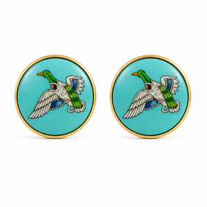 Mancuernillas de Latón Esmaltado Hechas a Mano con Diseño de Pato Mallard Volador, Base Turquesa, Acabado en Tono Dorado, Regalo Formal para Ocasiones Unisex - Product Image 2