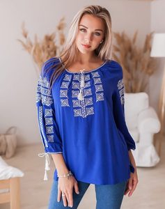 Women's Blue Embroidered Cotton Blouse With Tassel Detail Three Quarter <b>Balloon</b> Sleeve O-Neck Loose Fit Spring Summer top - Product Image 1