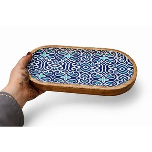 Plateau de service artisanal en bois de manguier avec incrustation de carreaux de céramique |   Vente en gros - Product Image 1