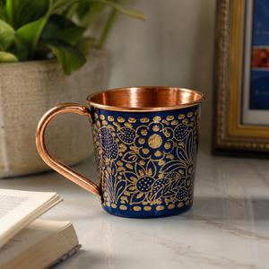 Taza de Cobre Puro Hecha a Mano con Diseño Floral de Esmalte Azul, 400 ml, Taza Ayurvédica para Beber, Taza de Cobre Martillado para Agua, Café, Té - Product Image 3