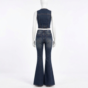 Womens Dark <b>Blue</b> Denim Two Piece Set Sleeveless Button <b>Vest</b> Flared Jeans Custom OEM ODM Wholesale Clothing Manufacturer Supplier - Product Image 4