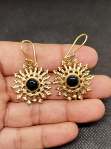 Handcrafted Gold Plated Brass Black Onyx Peacock Drop Earrings | Trendy Women's Wedding - Product Image 1