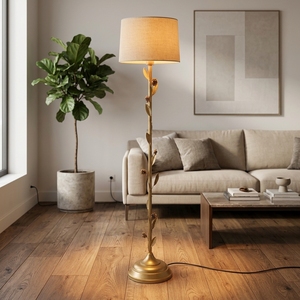 Elegant Gold Metal Floor Lamp with <b>Leaf</b> Decor & Fabric Shade Modern Standing <b>Light</b> for Living Room Bedroom Diwali Wedding Decor - Product Image 4
