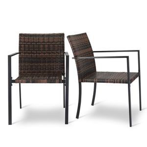 Set of 2 <b>Stackable</b> Outdoor Wicker Patio Dining <b>Chairs</b> with All-Weather Armrests Steel Frame <b>Garden</b> <b>Chairs</b> for Patio Deck Use - Product Image 1