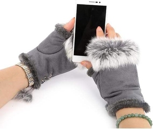 Womens Faux <b>Fur</b> Trimmed Fingerless Gloves Winter Warm Half Finger Mittens Wrist Warmers Touchscreen Gloves - Product Image 2