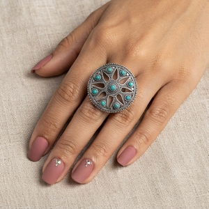 DIVYORO Flower Pattern Cocktail <b>Ring</b> with Turquoise Stones Brass Oxidized Silver Plated Bohemia Style Party - Product Image 4