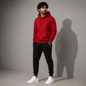 Sweat à capuche rouge en coton pour homme avec poche kangourou, poignets côtelés et doublure en polaire douce pour un usage décontracté - Product Image 2