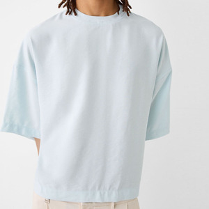 T-shirt court oversize pour homme, bleu clair, col rond, manches courtes, 100 % coton jersey, coupe décontractée, couleur unie, tricoté - Product Image 5