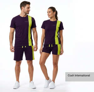 Conjunto Deportivo de Cuello Redondo OEM al por Mayor, Traje Deportivo de 2 Piezas con Paneles en Contraste Azul Marino y Rojo - Traje Atlético de Verano - Product Image 1