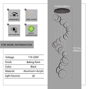 Lampadario Moderno a LED a 20 Anelli per Soffitti Alti, Grande Lampada Nera per Scale e Ingressi, Telecomando 3000K CCT per Bar - Product Image 2