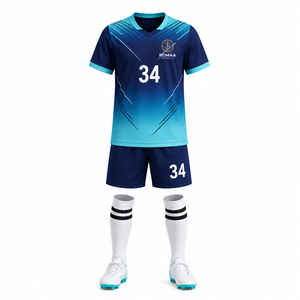 Kids Navy Blue Sky Blue White Custom Soccer Uniform Kit Jersey Shorts <b>Socks</b> Set Sublimated Youth Teamwear OEM Premium Fit - Product Image 2