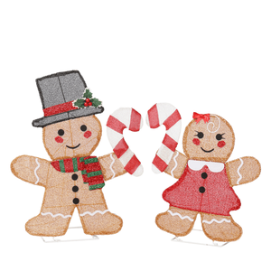 Pre-Lit 2D Holiday Decor Set of 2 Lighted Gingerbread Man and Candy Cane 80 Warm White LED Lights for Christmas Decorations - Product Image 1