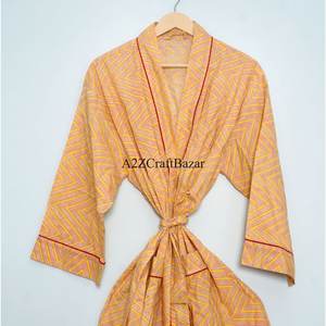 Robe de mariée longue en coton indien imprimé à la main avec motif floral, kimono, peignoir, robe de chambre pour l'été et le printemps - Product Image 3