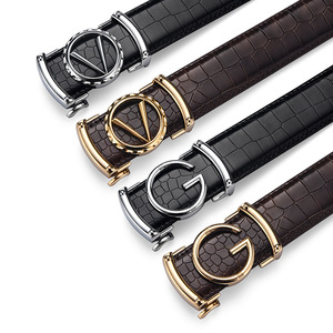 Crocodile Pattern <b>Gold</b> V Letter Buckle Cow Hide <b>Belt</b> Men Luxury Alligator Embossed Waistband for Suit - Product Image 3