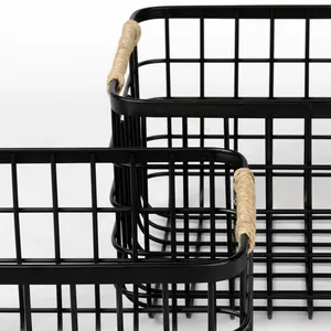 <b>Black</b> Metal Wire Storage Basket with Rope Handles Durable Rectangular Organizer for Home Use - Product Image 3
