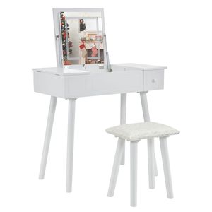Modern White Oak <b>Vanity</b> <b>Table</b> Set LED <b>Mirror</b> Flip Top Makeup Desk Cushioned Stool 2 Drawers 2 Drawers Writing Desk 2 Drawers 2 - Product Image 4