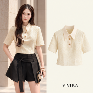 Blusa de Manga Corta para Mujer VIVIKA, Cuello Camisero, Botones al Frente, Color Sólido, Tejido Transpirable, Top Corto Elegante para Oficina - Product Image 1