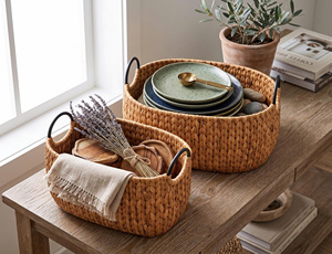 Water Hyacinth Woven Storage Basket Rectangular Organizer <b>Bin</b> With Metal Handles for Home <b>Bathroom</b> Kitchen - Product Image 1