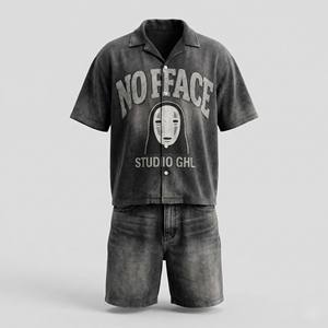 ชุดเซ็ตเสื้อยืดและกางเกงขาสั้นผู้ชายสไตล์วินเทจพิมพ์ลายพัฟแบบไม่มีลายหน้า  ใส่สบายสำหรับฤดูร้อน  แบบ 2 ชิ้นเข้าชุดกัน  สตรีทแวร์  ย้อมสีแบบแอซิดวอช  สีดำซีดแบบซันเฟด - Product Image 1