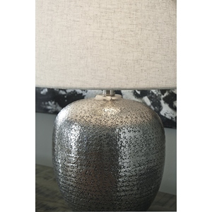 Luxury design Silver <b>Table</b> Lamp Textured Metallic Base Linen Fabric Shade Elegant <b>Bedside</b> Nightstand Light Home Decor - Product Image 2