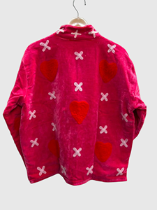 Pink Velvet Heart X Print <b>Zipper</b> <b>Jacket</b> Full Sleeve Stand Collar Plus Size Women's Winter Boxy Style Fleece Coat - Product Image 3