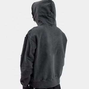 Sweat à capuche vintage délavé et vieilli pour homme, grandes tailles, sans cordons, épaules tombantes, motif brodé, coupe courte - Product Image 3