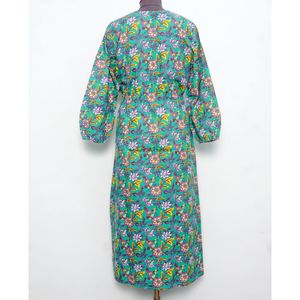 เดรสลำลองทรงตรงไซส์พลัสสำหรับผู้หญิง ลายพิมพ์บล็อกด้วยมือ แขนพอง คอวี เอวธรรมชาติ ความยาวระดับข้อเท้า - Product Image 6