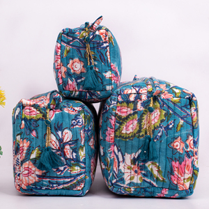 Trousse de Maquillage Portable Zippée en Coton Matelassé Imprimé au Bloc, Style Indien Vintage, Écologique, Ensemble de Trois Pièces, Collection Printemps - Product Image 2