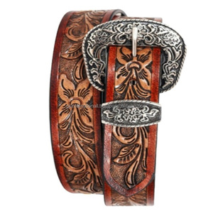 Handcrafted Unisex Floral <b>Tooled</b> Western Genuine <b>Leather</b> <b>Belt</b> Custom Vintage Tan Cow Hide with Antique Brass Steel Buckle Set - Product Image 5