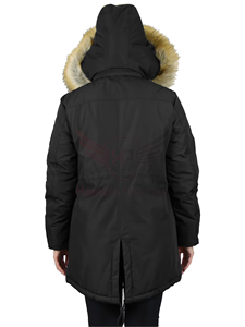 Women <b>Black</b> Genuine Leather Breathable Jacket Fur Trim Hood Zipper Closure Long Sleeve Winter Coat Windproof Thick Animal Print - Product Image 2