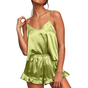 Best Seller Satin Sleep Romper Set V-Neck Sleeveless Solid Color Shorts Summer Sexy Nightwear Smooth Elastic Waist <b>Green</b> - Product Image 1