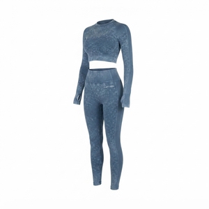 <b>Women</b> Blue Acid Wash Yoga Set Long Sleeve <b>Crop</b> Top High Waist Full Length <b>Leggings</b> Gym Fitness Workout Activewear - Product Image 3