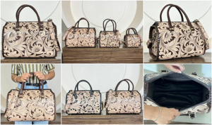Personalized Hand <b>Tooled</b> Genuine Cow <b>Leather</b> Floral Speedy Duffle Bag Elegant Designer Crossbody Shoulder Weekender for Unsex - Product Image 3