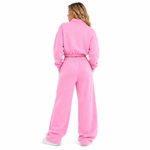 Casual Pink High Collar Full Zip Cropped Jacket Tracksuit <b>Women</b> Custom Embroidery Hoodies OEM Wide Leg Fleece <b>Sweatpants</b> Factory - Product Image 2