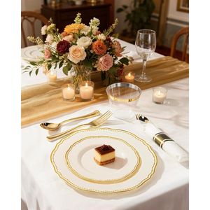 Set di Stoviglie in Plastica Avorio e Oro 350 Pezzi, Decorazioni per Tavola da Festa, Include 50 Piatti Piani, 50 Piattini da Dessert, 50 Bicchieri - Product Image 2