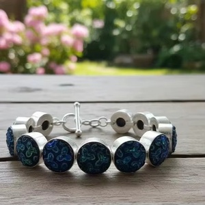 Handcrafted Dual Row Blue & Teal Mosaic Chain & Link <b>Bracelet</b> with Silver Plated T-Bar Clasp Stylish Natural Gemstones - Product Image 3