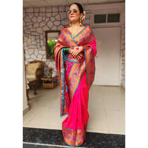Sari en soie Paithani original Shilpa Raman, tissé avec des fils Zari, en rose Muniya, vêtements indiens et pakistanais, 0,65 g, par Elite Weaves - Product Image 3